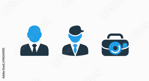 Profile icons of a businessman professional photographer and specialized equipment bag for creative freelance work and media production identity