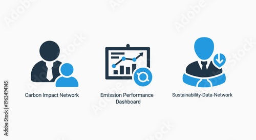Sustainability icons representing carbon impact network emission performance dashboard and green reporting for corporate environmental responsibility