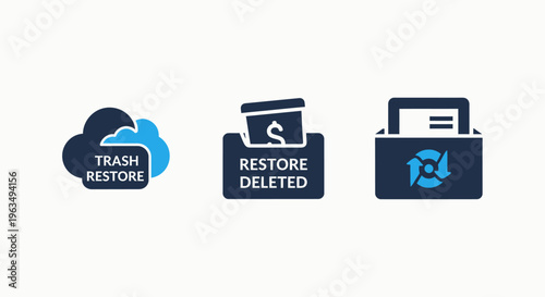 Data recovery and file management icons for trash restore deleted items and cloud backup retrieval for computer system maintenance