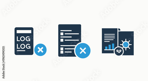 It system log file icons showing error message documents failed data reports and technical configuration audits for troubleshooting network server and computer software development issues