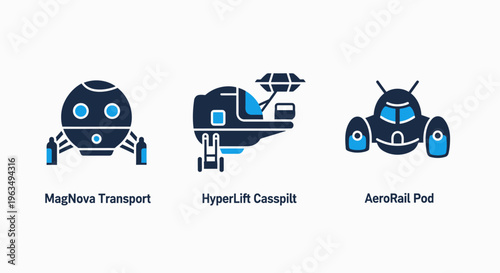 Set of futuristic sci-fi transportation icons featuring magnetic levitation pods and aerospace shuttle vehicles for advanced urban commuting and space travel concepts for digital designs