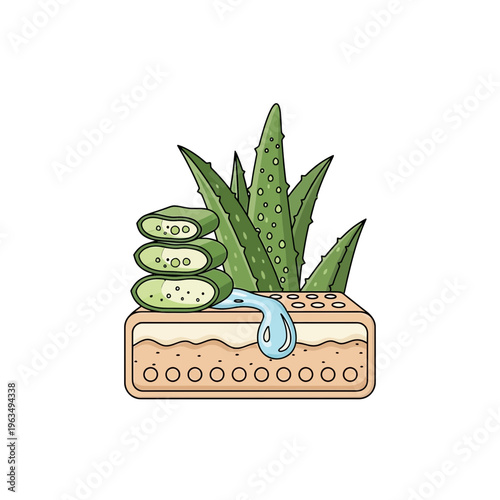Refreshing aloe vera plant slice with dripping gel, concept of natural skincare and hydration for healthy skin on a white background, close-up cross-section of epidermis and dermis layers
