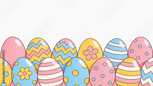 Colorful Easter eggs with diverse patterns and designs on a clean white background for a festive Easter celebration or hunt.
