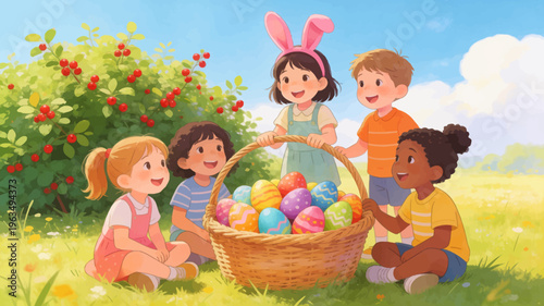Diverse group of happy children participating in an Easter egg hunt in a sunny outdoor setting with colorful eggs and a basket.