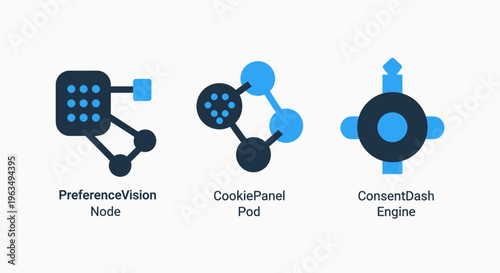 Set of digital network nodes and data cluster icons representing software engine structures and information connectivity for advanced cloud infrastructure and computing systems development