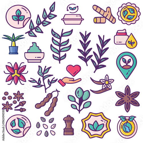 Organic Herb, Spice and Eco-Friendly Flat Vector Icon Set