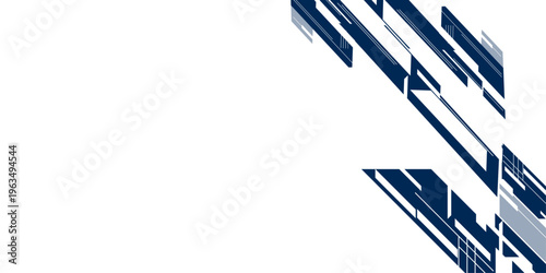 High contrast blue and gray, white glossy stripes. Abstract tech graphic banner design.
