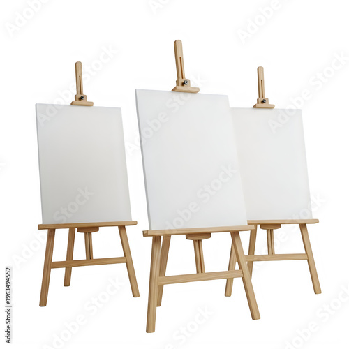 Three wooden easels with blank white boards isolated on transparent background