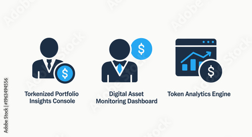 Cryptocurrency and digital asset monitoring icons showing a tokenized portfolio insights console and a token analytics engine for financial investment tracking and stock market data analysis