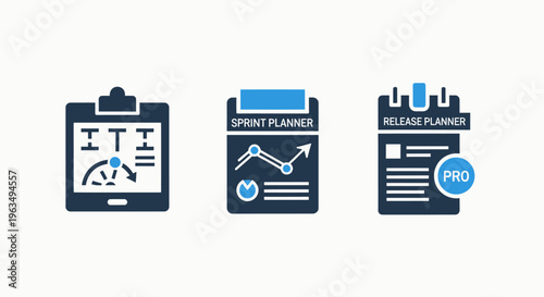 Agile project management icons for sprint planning release scheduling and workflow strategy documentation on digital clipboards with performance tracking charts for software development teams