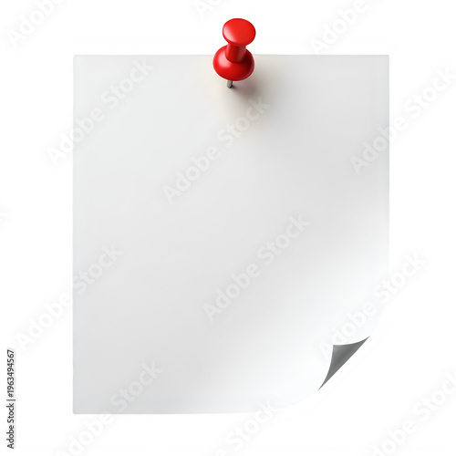 A blank note pinned to a surface with a red thumbtack isolated on transparent background