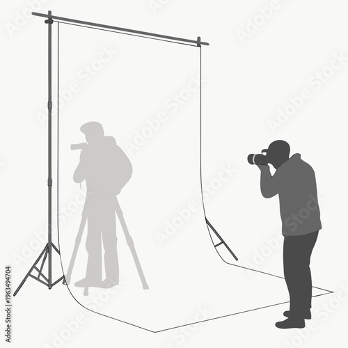 A man taking a picture of another man on a white background