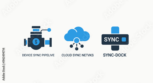 Cloud synchronization network and data pipeline icons for automated file docking financial data flow and server storage management in modern information technology infrastructures and networks