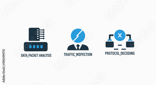 Network data packet analysis and traffic inspection icons for cyber security monitoring protocol decoding and digital communication infrastructure troubleshooting systems for it technicians