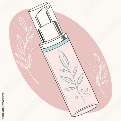 A pink bottle with a plant design on it