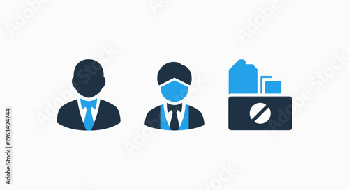 Healthcare and pharmaceutical industry icon set illustrating professional medical staff using protective face masks and medicine production symbols in clean blue and dark grey graphics