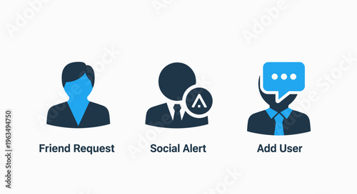 Social media interaction icons for friend requests, user alerts, and community engagement features displayed using human profile silhouettes and modern digital interface elements