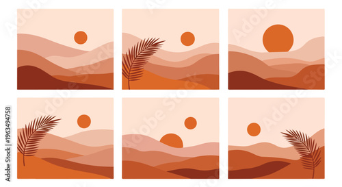 Boho landscape wall art collection with desert sand dunes orange sun and palm leaves in minimalist mid century style.