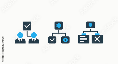Organizational structure and process logic icons showing hierarchical flowcharts, decision making steps, and project management status symbols using clean blue and dark grey elements