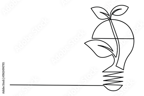 Light bulb plant continuous one line art minimal outline vector icon