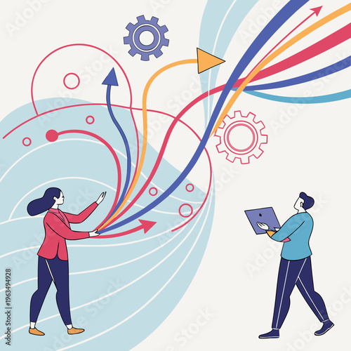 Two business people working with arrows and gears