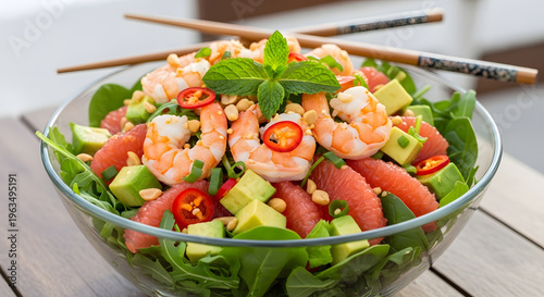 Fresh shrimp and grapefruit salad with avocado and mint served in a glass bowl with chopsticks healthy seafood meal for lunch or dinner