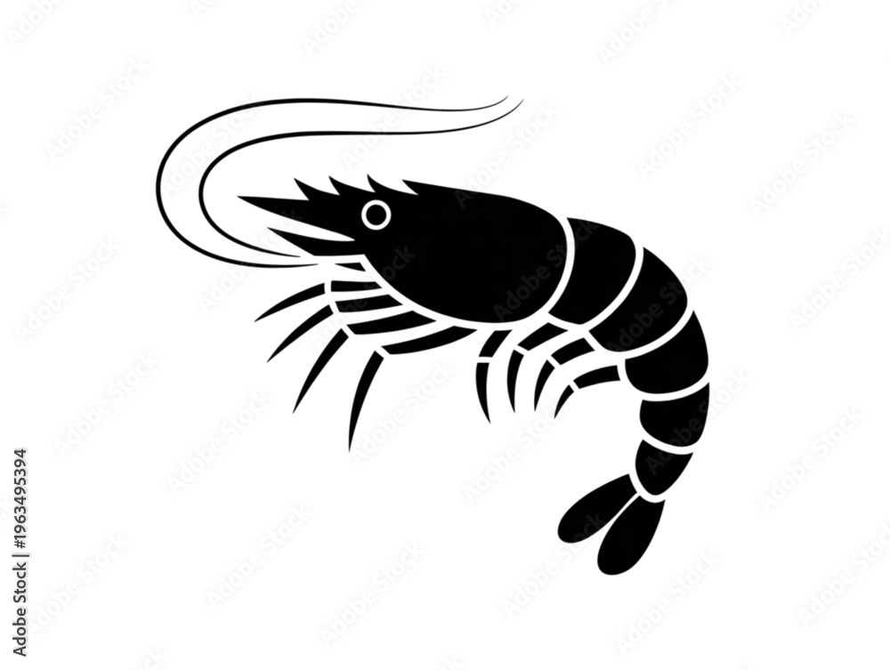 Fototapeta premium Black shrimp silhouette with white line detail isolated on white background for seafood graphic design