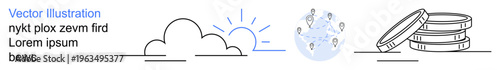 Cloud computing, weather forecast, globalization, financial growth, online transactions, digital trends. Cloud with sun, globe with nodes and coin stack. Cloud computing and globalization concepts