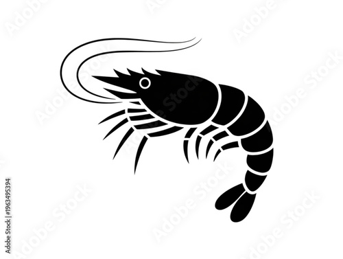 Black shrimp silhouette with white line detail isolated on white background for seafood graphic design