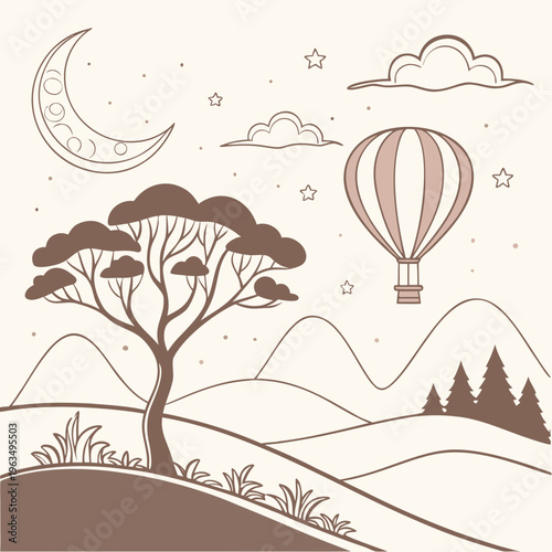 A hot air balloon flies over a tree and mountains at night