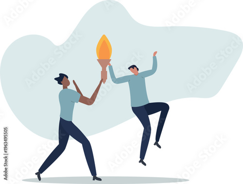 Man Passing Burning Torch to Colleague . Leadership, Teamwork, and Knowledge Transfer Concept