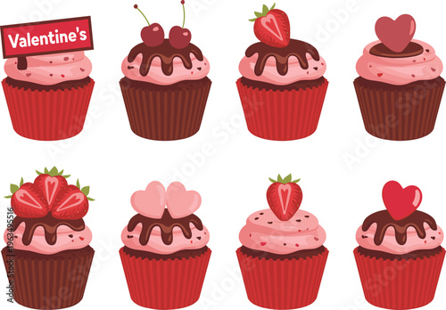 Valentine's Day cupcake vector set with strawberry, chocolate, cherry, and heart toppings, isolated icons