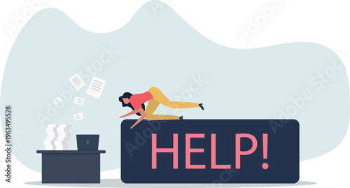 Overworked Woman Asking for Help at Desk with Pile of Paperwork . Work Overload and Burnout Concept