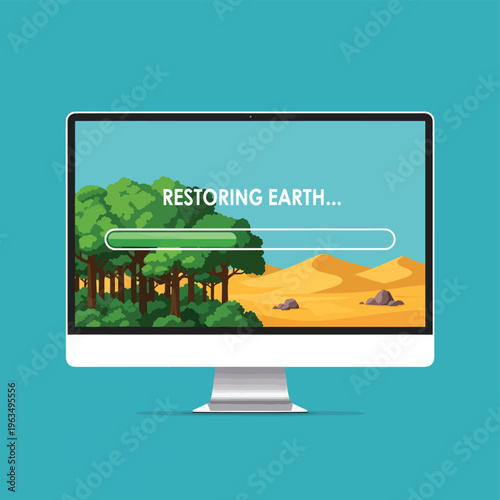 Computer monitor displaying loading bar for restoring earth concept showing green forest replacing desert landscape on screen with blue background.