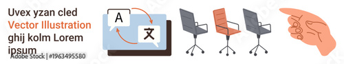 Translation services, workplace dynamics, teamwork, digital tools, employee selection, non-verbal communication. Tablet with translation icons, office chairs pointing hand. Translation and workplace