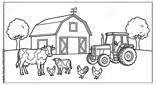 Farm scene with barn tractor cow chickens and calf.