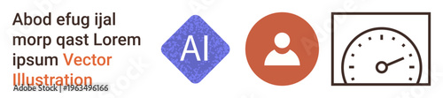 Artificial intelligence, user identity, performance metrics, digital tools, UI design, data visualization. Three icons AI diamond, user profile speedometer graphic. AI and user identity concept