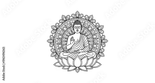Buddha sitting on a lotus flower with intricate mandala design