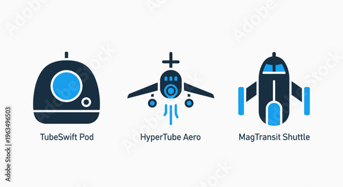 Collection of futuristic transport icons featuring high speed travel pods, aero shuttle, and magnetic propulsion transit systems, isolated vector set for logistics, engineering, and technology concept