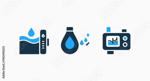 Water management and fluid analysis icons set including water reservoir, droplet measurement, and liquid sensor diagnostic tools for industrial fluid control and scientific resource monitoring systems