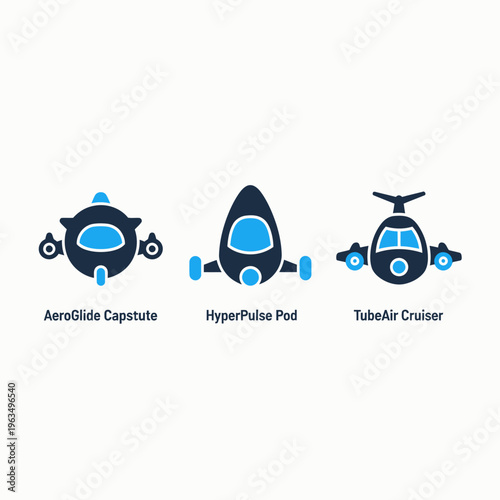 Futuristic aerospace transportation icons including a capsule, pod, and light cruiser for sci-fi concepts, travel, exploration, and advanced logistics design in minimal blue and dark gray color scheme
