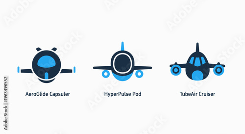 Minimalist aircraft and transport icons including a glider, pulse engine plane, and trainer jet for aviation education, engineering, and aerospace design concepts in professional blue and dark colors