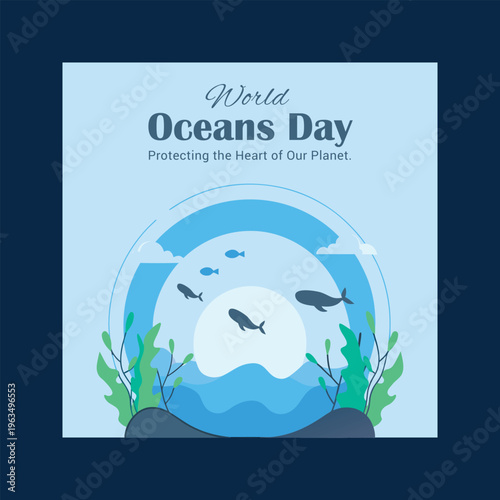 World oceans day illustration with marine life and text "protecting the heart of our planet" in a serene blue and white theme