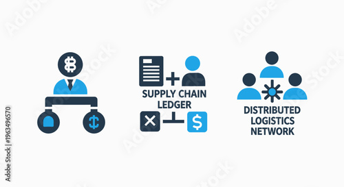 Financial technology and supply chain logistics network icons featuring cryptocurrency payment, digital ledger, and distributed distribution systems, flat vector graphic for global trade management