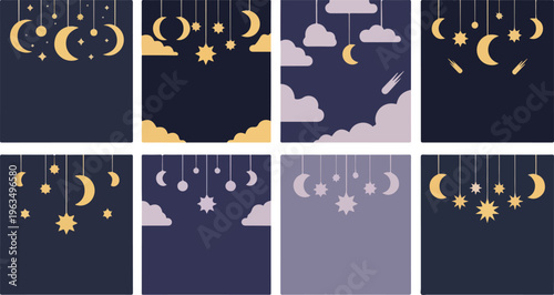 Starry night sky background collection, crescent moons and stars hanging, dreamy celestial theme for baby room decor.