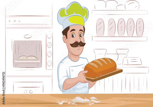 Baker holding fresh loaf of bread in bakery with oven and shelves, cartoon vector illustration