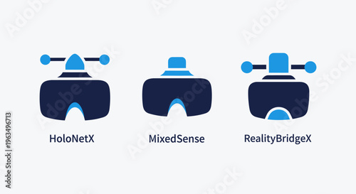 Mixed reality and virtual reality headset icons representing immersive tech devices for digital experiences, spatial computing, and next generation interface interaction in a clean blue icon set