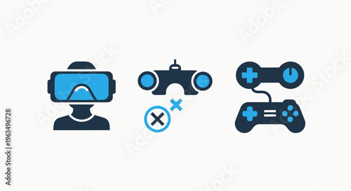 Set of digital gaming and virtual reality interface icons, featuring vr headset and game controller symbols for immersive technology, entertainment, and interactive software development concepts