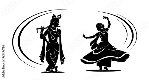 Krishna and radha in traditional indian dance poses