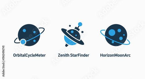 Celestial and space exploration icons, featuring orbital path, planetary ring, and star tracking symbols for astronomy, science, aerospace industry, and cosmic navigation data visualization concepts